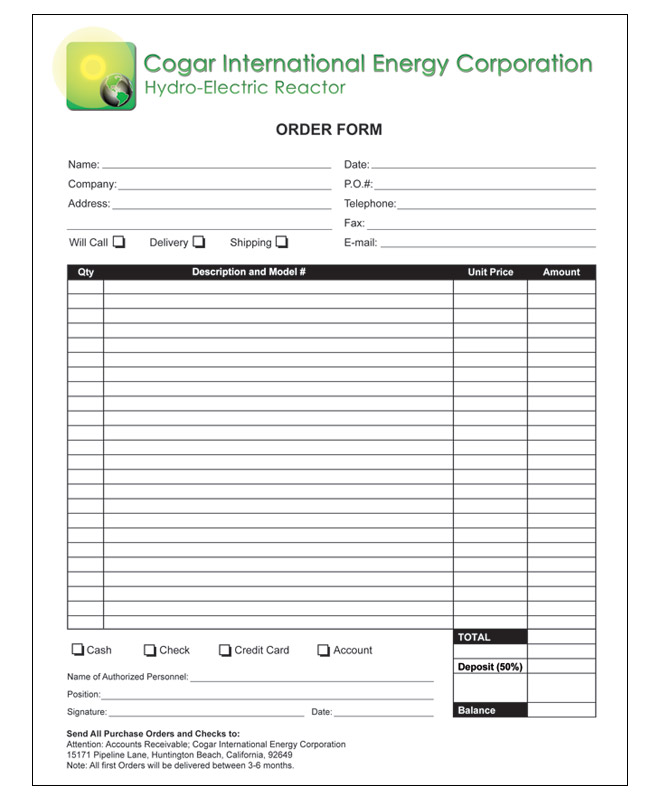 Hydro-Electric Reactor Order Form
